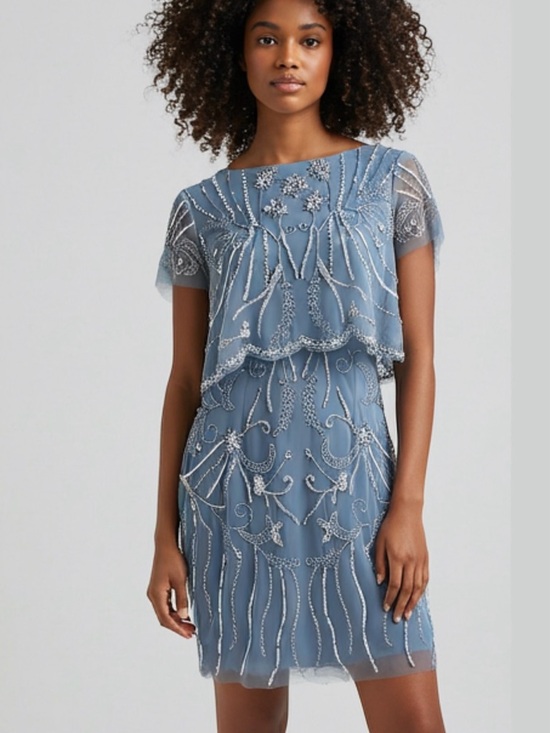 Adrianna Papell Dresses & Skirts - Adrianna Papell Blue Beaded Overlay Prom Cocktail Dress 6